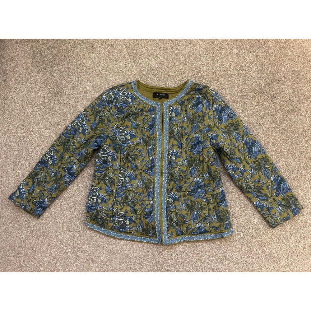 Boho Talbots Quilted Jacket Womens MP Green Blue Floral Paisley Cotton Excellent
